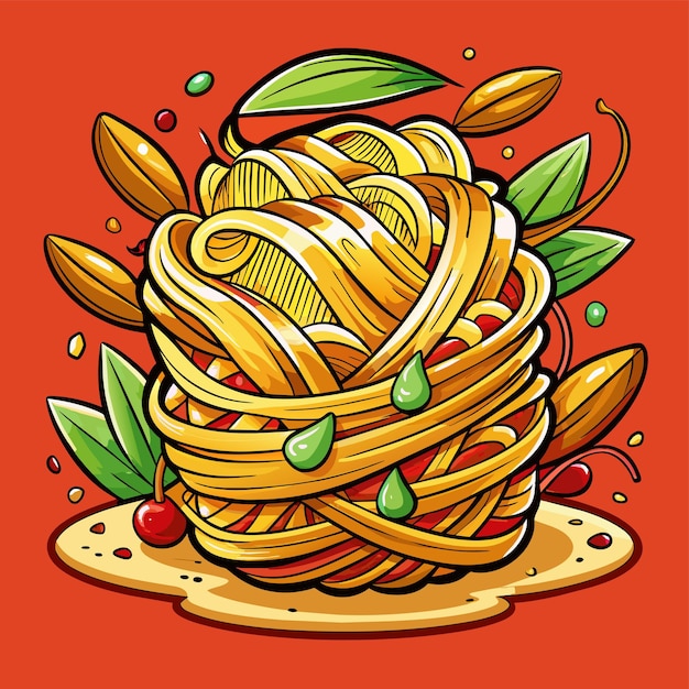 Vecteur un dessin animé de spaghettis et de feuilles sur un fond rouge