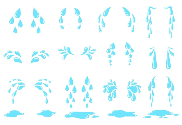 Dessin Animé Sueur Larme Cry Larmes Gouttes Flaque Gouttelettes D'eau Goutte Chute Goutte Simple Goutte De Pluie Yeux Larmoyants Expression Désespoir Soigné Isolé Icône Illustration Vectorielle