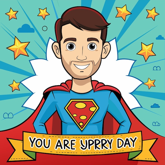 un dessin animé d'un superman avec une bannière qui dit que vous êtes un jour heureux