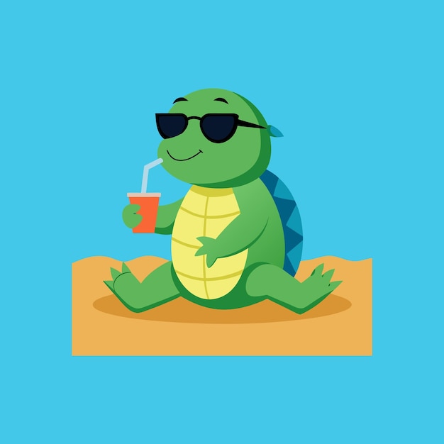 un dessin animé d'une tortue portant des lunettes de soleil et une boisson