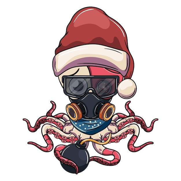 Vecteur dessin animé triste personnage de pieuvre cyborg avec des lunettes de chapeau de père noël et un masque à gaz avec une bombe