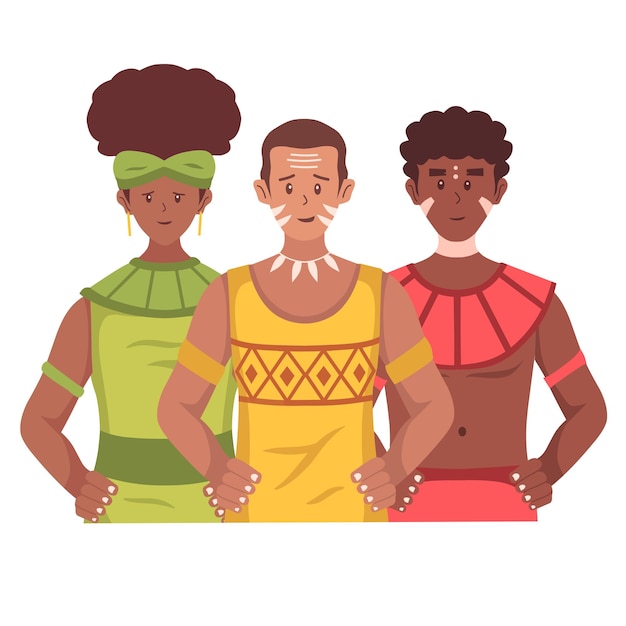 Vecteur un dessin animé de trois personnes avec des couleurs de peau différentes et une chemise jaune.