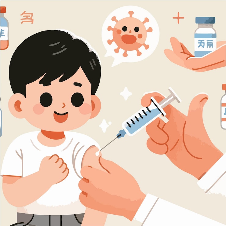 Vecteur dessin animé de vaccination de la santé de l'enfant dans un style de conception plat