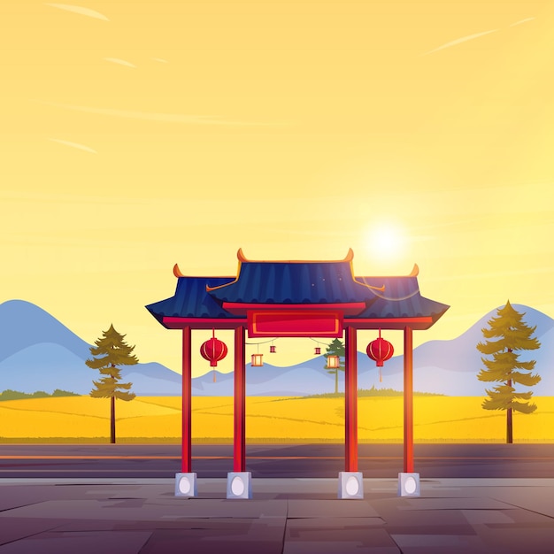 dessin animé vecteur paysage de rizière avec coucher de soleil
