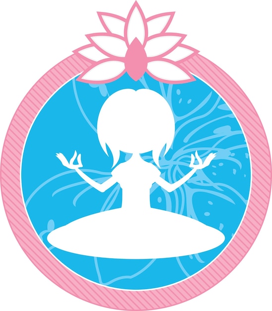 Vecteur dessin animé, yoga, girl, silhouette, à, fleur lotus, illustration