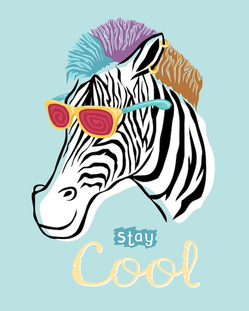 Dessin Animé De Zèbre Cool Dessiné à La Main Avec Des Cheveux Et Des Lunettes Colorées