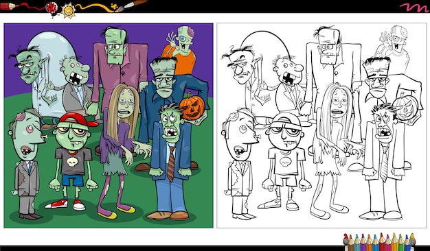 Dessin Animé Zombies Fantaisie Ou Personnages D'halloween Page De Livre De Coloriage