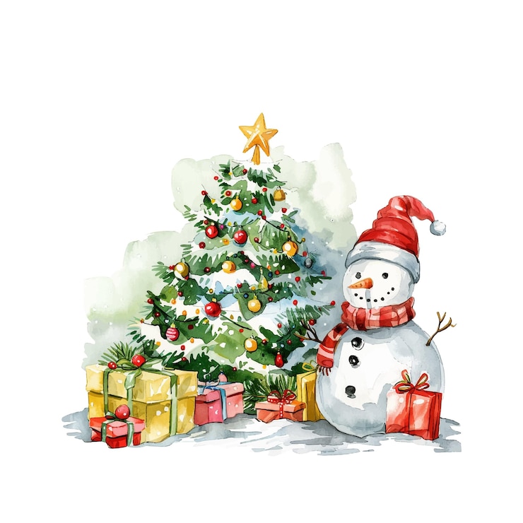Vecteur dessin à l'aquarelle d'un bonhomme de neige à côté d'un arbre de noël