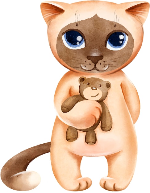 Dessin Aquarelle Chat De Personnage Mignon Avec Jouet Ours En Peluche