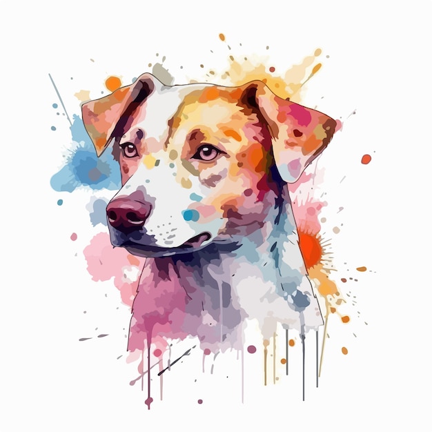 Dessin à l'aquarelle d'un chien avec des taches colorées.