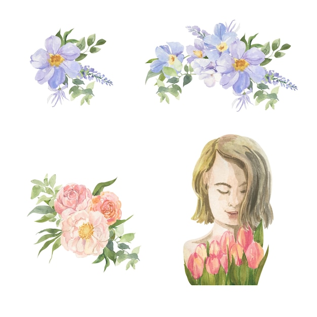 Un Dessin à L'aquarelle D'une Femme Dans Un Arrangement Floral.