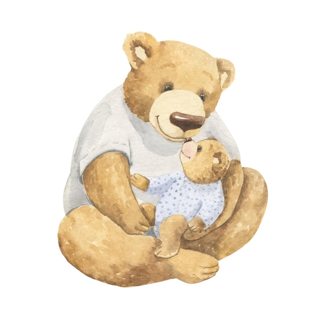 Un dessin à l'aquarelle d'un ours en peluche et d'un bébé.