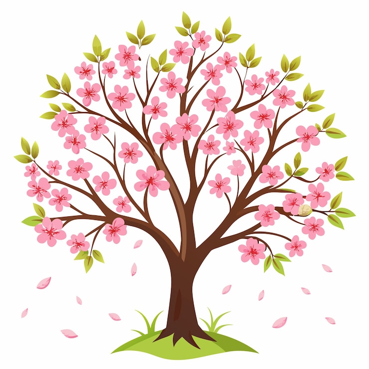 Vecteur un dessin d'un arbre avec des fleurs roses et un oiseau dessus