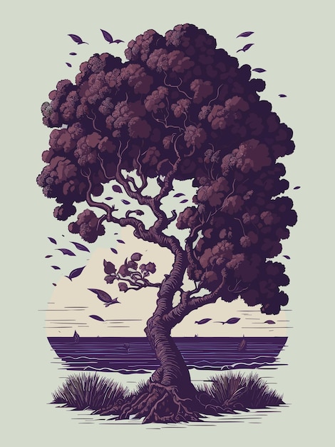 Vecteur un dessin d'un arbre avec une pleine lune en arrière-plan