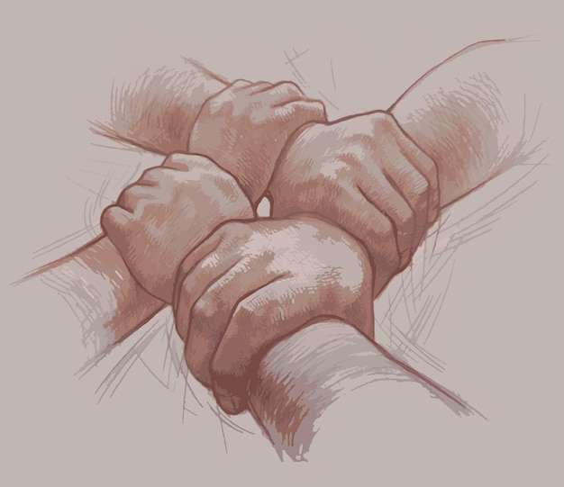 Dessin au crayon sépia de la fiabilité et des bras humains pliés fermes