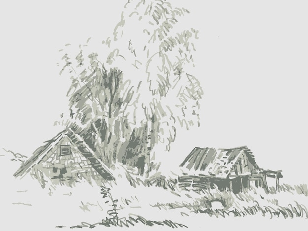 Vecteur dessin au crayon texturé à main levée du paysage rural avec des silhouettes d'arbres et de vieilles maisons en bois