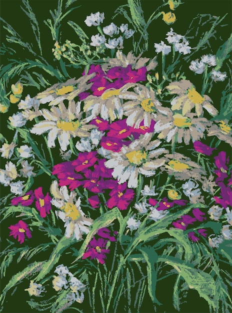Vecteur dessin au pastel vectoriel de bouquet de fleurs sauvages blanches et roses