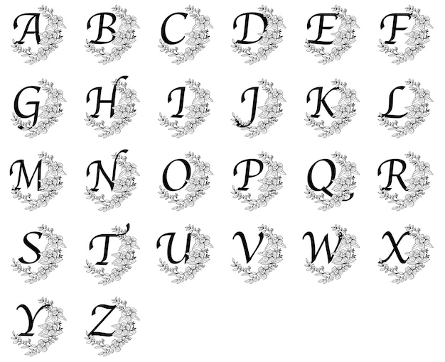 Vecteur dessin au trait alphabet floral az