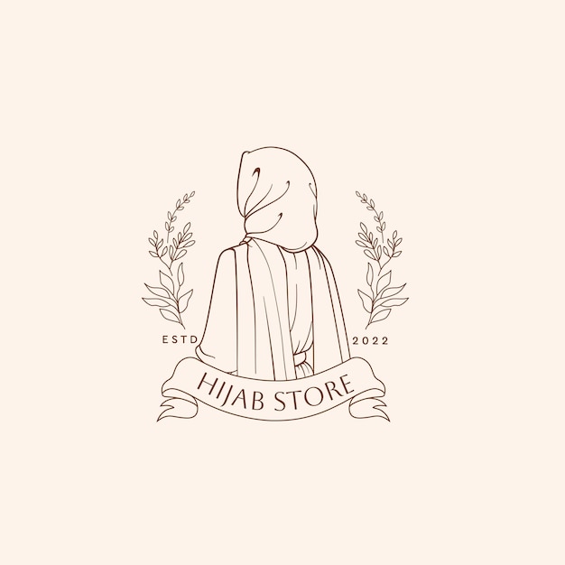 Vecteur dessin au trait beauté hijab femme avec logo feuille nature