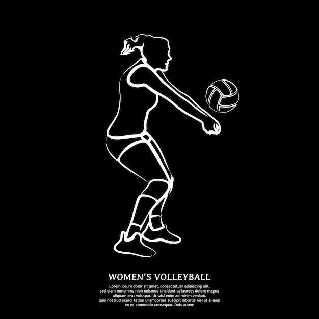 Dessin Au Trait Blanc De Joueuse De Volley-ball Isolée Sur Fond Noir. Illustration Vectorielle