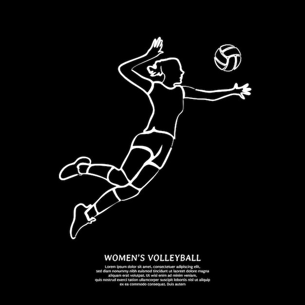 Vecteur dessin au trait blanc de joueuse de volley-ball sautant et boule de pointe isolée sur fond noir