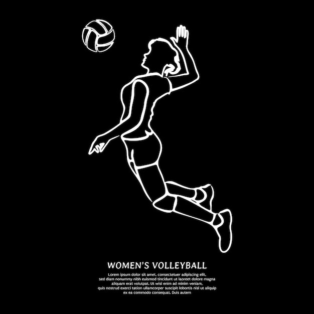 Vecteur dessin au trait blanc d'une joueuse de volley-ball sautant isolée sur fond noir