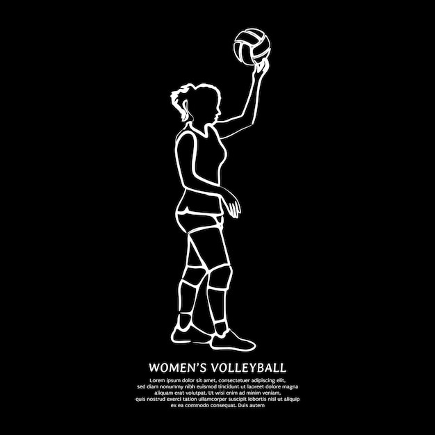 Vecteur dessin au trait blanc d'une joueuse de volley-ball soulevant une balle isolée sur fond noir