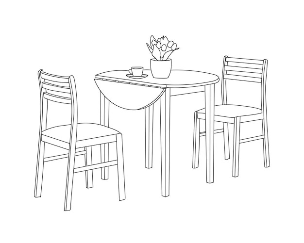 Vecteur dessin au trait de chaises en bois modernes avec set de table avec dessin à la main de fond blanc