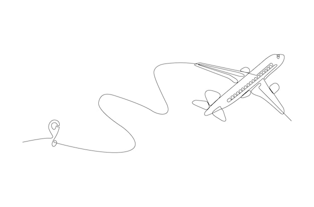 Vecteur dessin au trait continu d'un avion connecté à l'illustration vectorielle de symbole de localisation vecteur premium