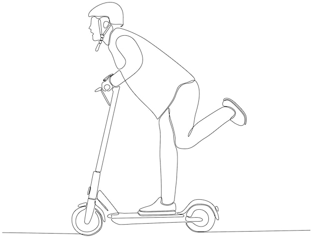 Dessin Au Trait Continu Bel Homme Sur Un Vecteur Premium De Scooter