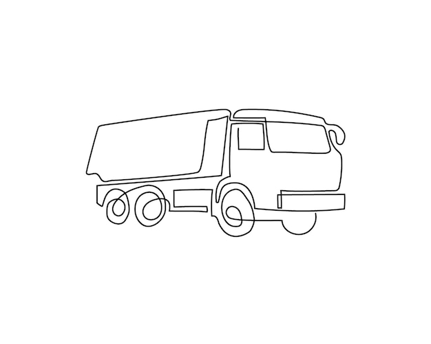 Dessin au trait continu de camion à benne basculante. Un dessin au trait de véhicule utilitaire, camion. Illustration vectorielle dessinés à la main.