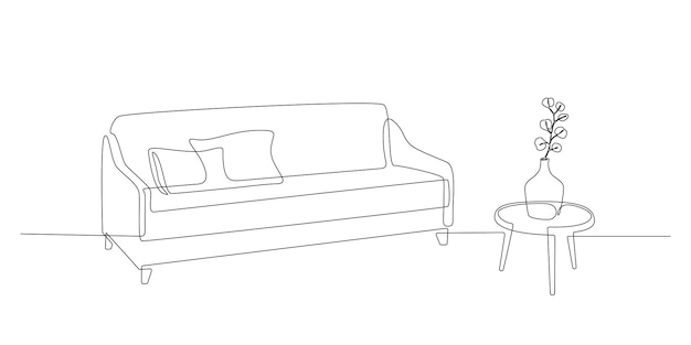 Dessin au trait continu d'un canapé et d'une table avec un vase avec des meubles modernes scandinaves végétaux en ...