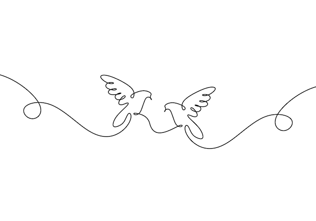 Vecteur dessin au trait continu de deux pigeons volants