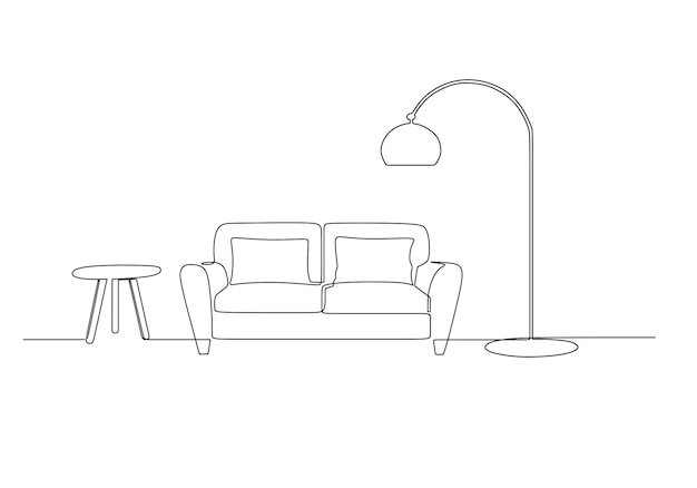 Dessin Au Trait Continu Du Canapé Avec Table Et Lampe