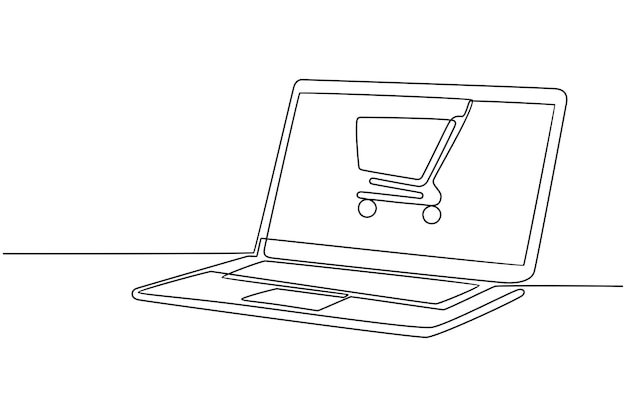 dessin au trait continu du concept d'achat en ligne sur une illustration vectorielle d'ordinateur portable
