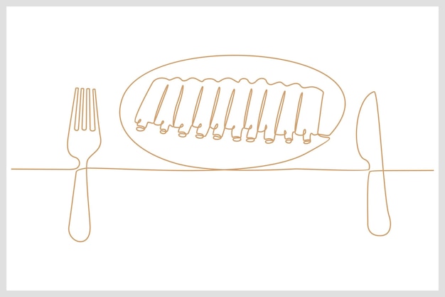 Dessin Au Trait Continu Du Plat De Viande De Côtes D'agneau Avec Illustration Vectorielle De Couteau Et Fourchette