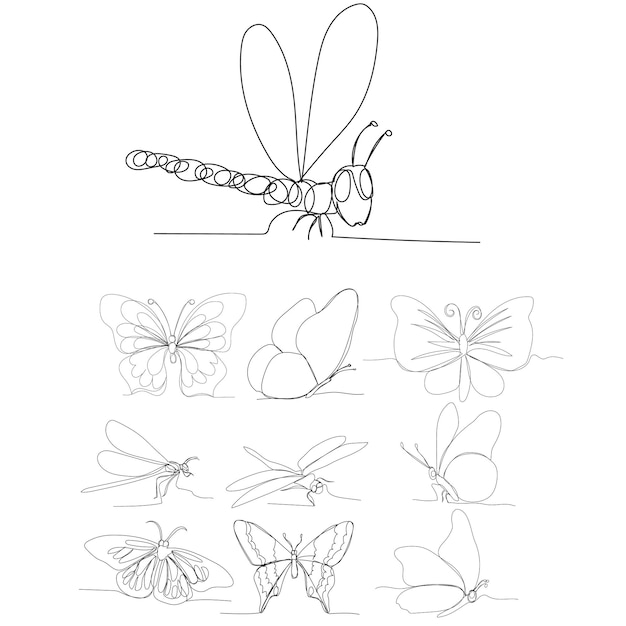 Dessin au trait continu d'un ensemble de papillons