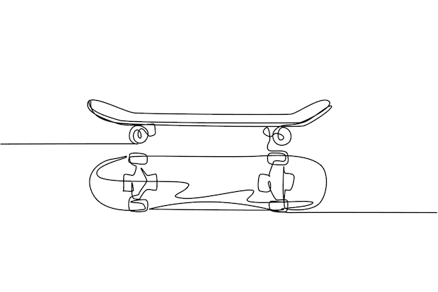 Un dessin au trait continu d'un ensemble de vieux skateboard rétro côté et vue de dessus Sport classique extrême