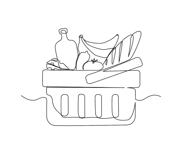 Vecteur dessin au trait continu d'épicerie panier de fruits et de pain dans le panier d'épicerie panier d'épicerie dessin au trait unique dessin illustration vectorielle
