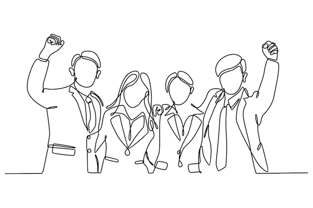 Dessin au trait continu équipe commerciale confiante debout dans l'illustration vectorielle de bureau