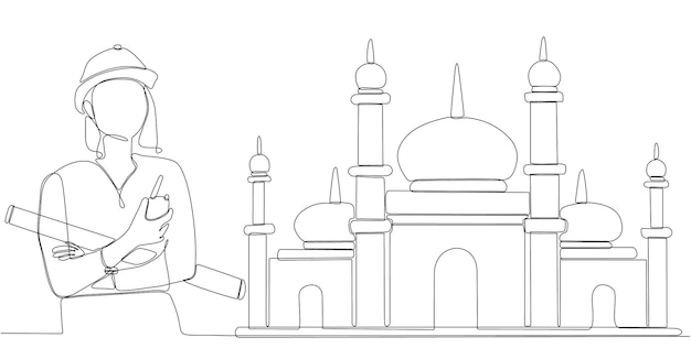 Dessin Au Trait Continu Femme Architecte Faisant Mosquée