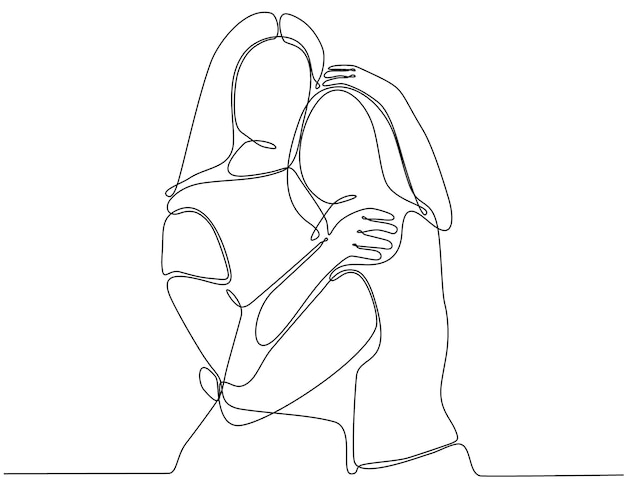 Dessin au trait continu de femmes gaies s'embrassant Deux femmes s'embrassant