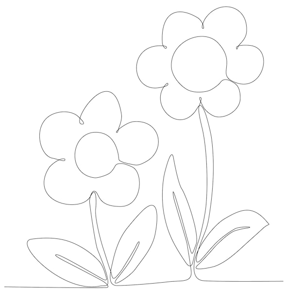 Dessin Au Trait Continu De Fleurs Feuillues