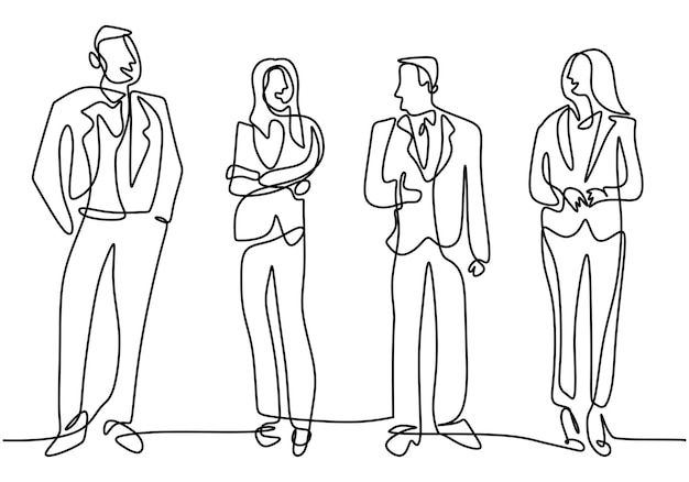 Vecteur dessin au trait continu de gens d'affaires debout avec une pose douce et confiante équipe d'employés de bureau professionnels de caractère style de simplicité d'illustration vectorielle d'homme d'affaires et de femme d'affaires