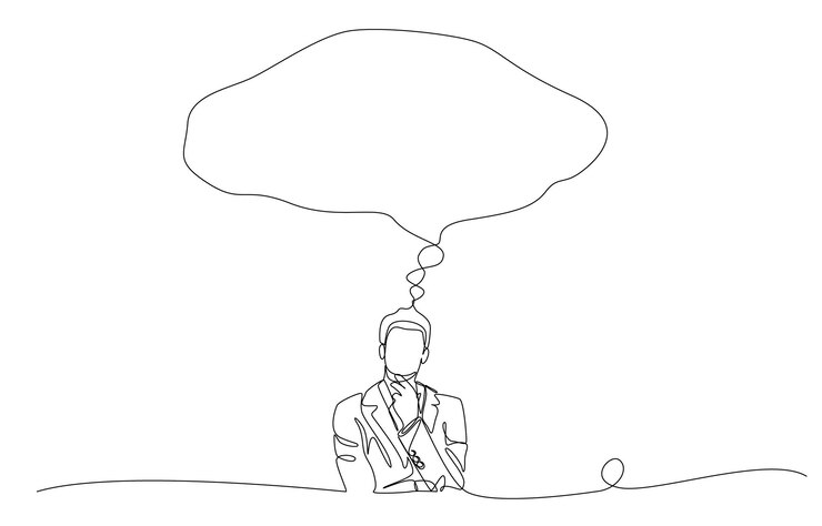 Vecteur dessin au trait continu d'un homme d'affaires avec une grande bulle de réflexion, pensez grand concept