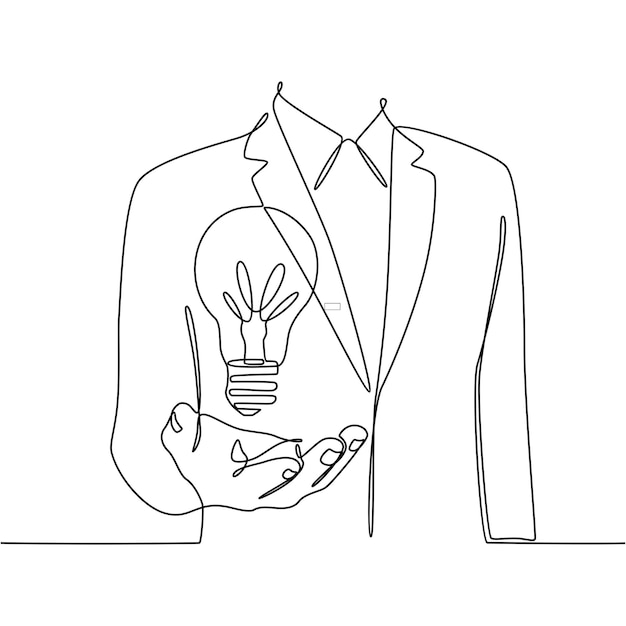 dessin au trait continu homme d'affaires main tenant ampoule innovation inspiration concept vecteur