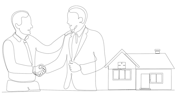 Vecteur dessin au trait continu homme d'affaires vendant le concept d'entreprise de maison