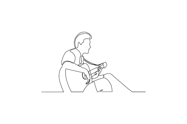 Dessin Au Trait Continu D'un Homme Jouant Une Chanson Avec L'illustration Vectorielle De La Guitare Vecteur Premium