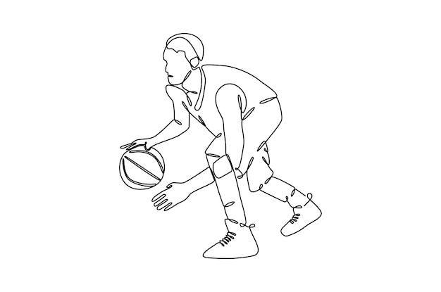 Dessin Au Trait Continu D'un Homme Jouant Des Compétences D'illustrations Vectorielles De Basket-ball Vecteur Premium