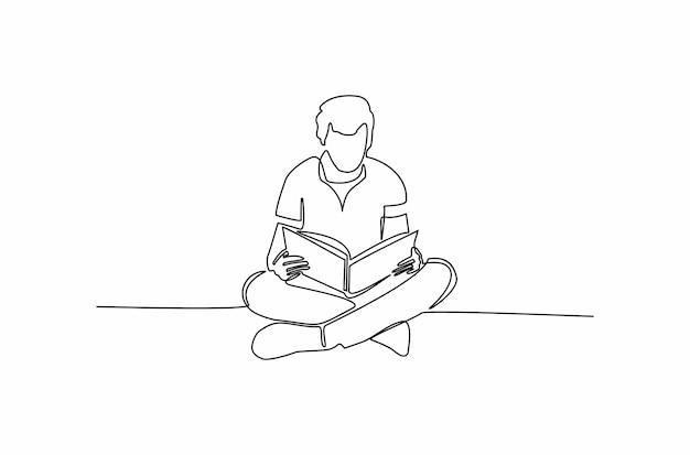 Dessin Au Trait Continu D'un Homme Lisant Un Livre Sérieusement Illustration Vectorielle Vecteur Premium